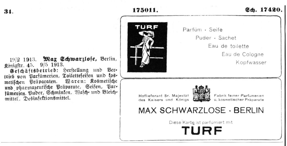 Turf, Parfum, Max Schwarzlose, Registereintrag 1913