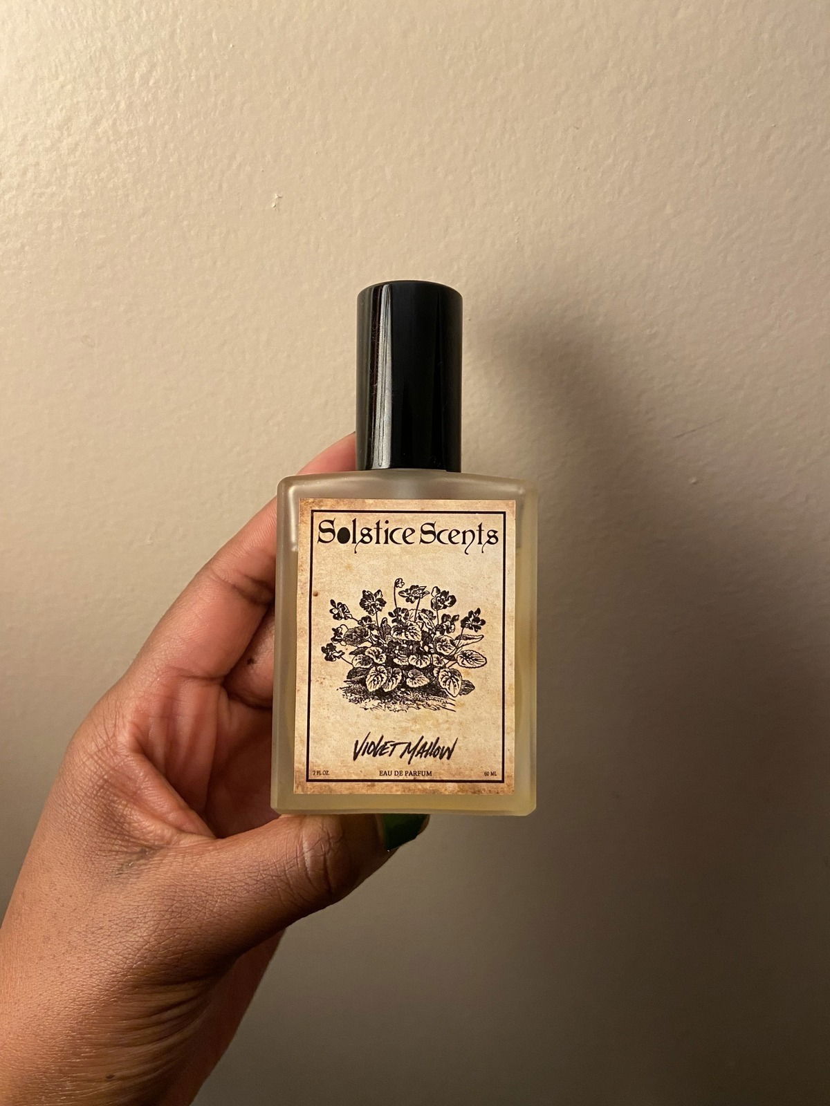 Solstice Scents - Violet Mallow; my most coveted violet scent as someone who isn’t fond of violet. It smells like violets dusted in powdered sugar, marshmallow fluff, and vanilla musk.