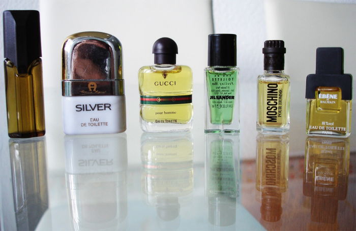 Meine neu erworbene Riga von VINTAGE-Minis in Neuzustand, von links nach rechts: Aigner Super Fragrance Men - Aigner Silver - Gucci pour Homme - Jil Sander Feeling Man - Moschino pour Homme - Ebene de Balmain