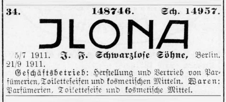 Ilona, Parfum, J.F. Schwarzlose Söhne- Registereintrag 1911