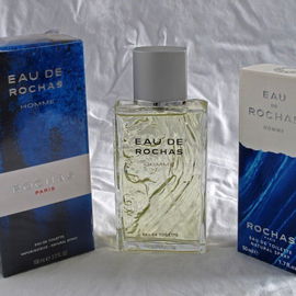 Eau de Rochas homme, rechts das ältere Verpackungsdesign, der Flakon ist aber unverändert geblieben.